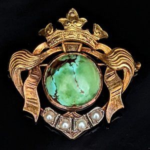 Antique Turquoise Pearl 14k Yellow Gold Crown Tiara Brooch Pin Estate Victorian